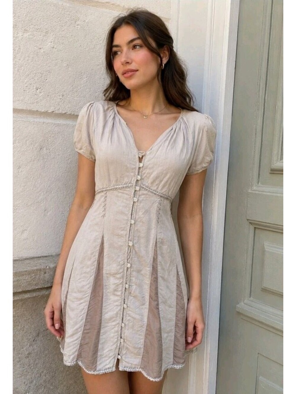 Da-Nang Surplus Vintage Y2 Tan Cotton Linen Size S Embroidered Shirtdress #C